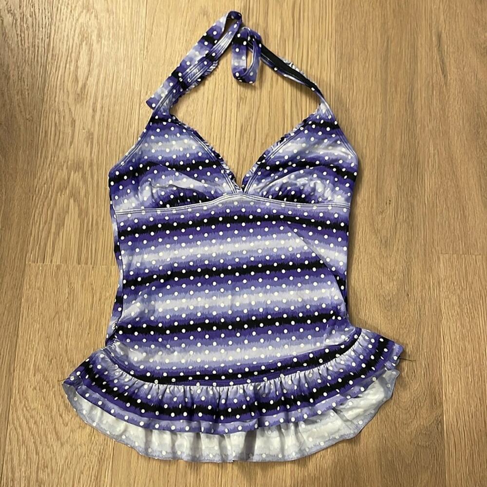 ECO SWIM Purple Black Patterned Ruffle Detail Halter Style Swim Top Size 12
